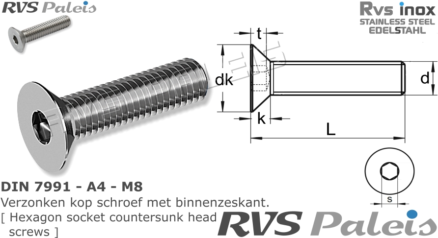 DIN 7991 A4 M8 Rvs Inbusbout Verzonken Kop Schroef Met