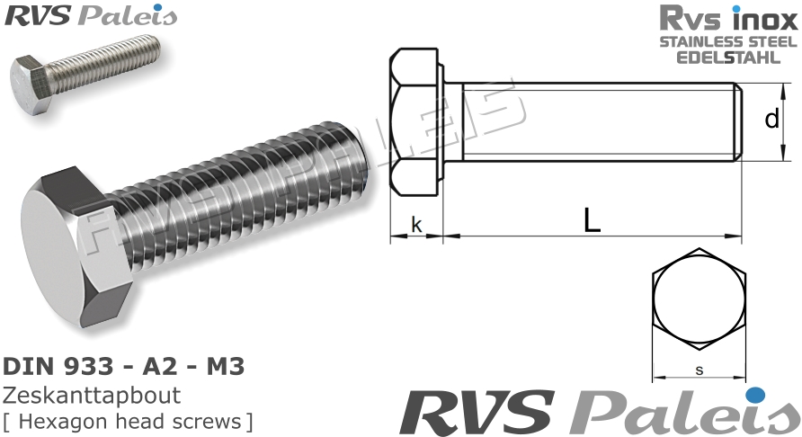 DIN 933 A2 M3 Rvs Zeskantbout Rvspaleis Nl