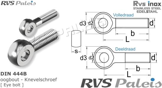 M8x60mm / Per Stuk - Oogbout A2 | DIN 444 B - RVS Knevelschroef