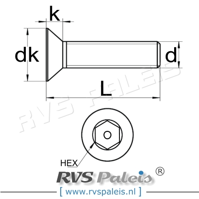 m4x12mm / per stuk - verzonken schroef hex-pin A2