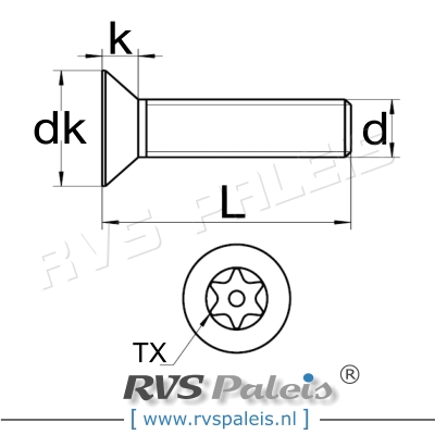 m5x25mm / per stuk - verzonken schroef TX-pin A2