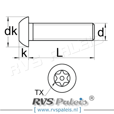 m5x10mm / verp. 100 st. - laagbolkopschroef TX-pin A2