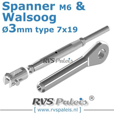 Rvs kabel 7x19(3mm) met spanner en walsoog