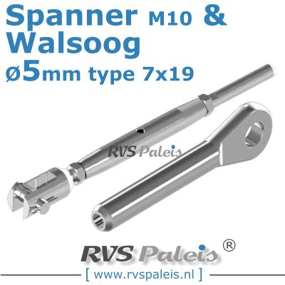 Rvs kabel 7x19(5mm) met spanner en walsoog