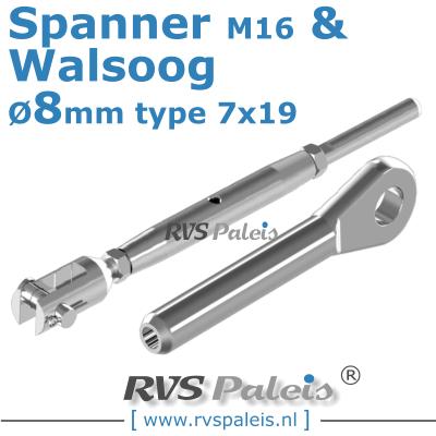 Rvs kabel 7x19(8mm) met spanner en walsoog