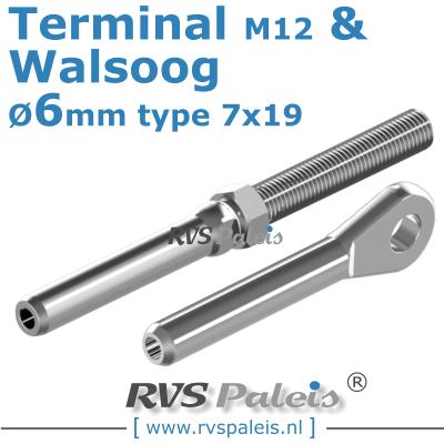 Rvs kabel 7x19(6mm) met terminal en walsoog