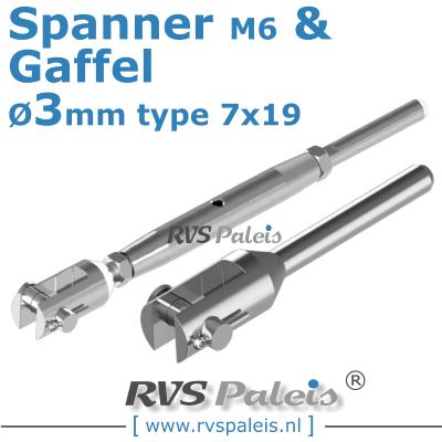 Rvs kabel 7x19(3mm) met spanner en gaffel